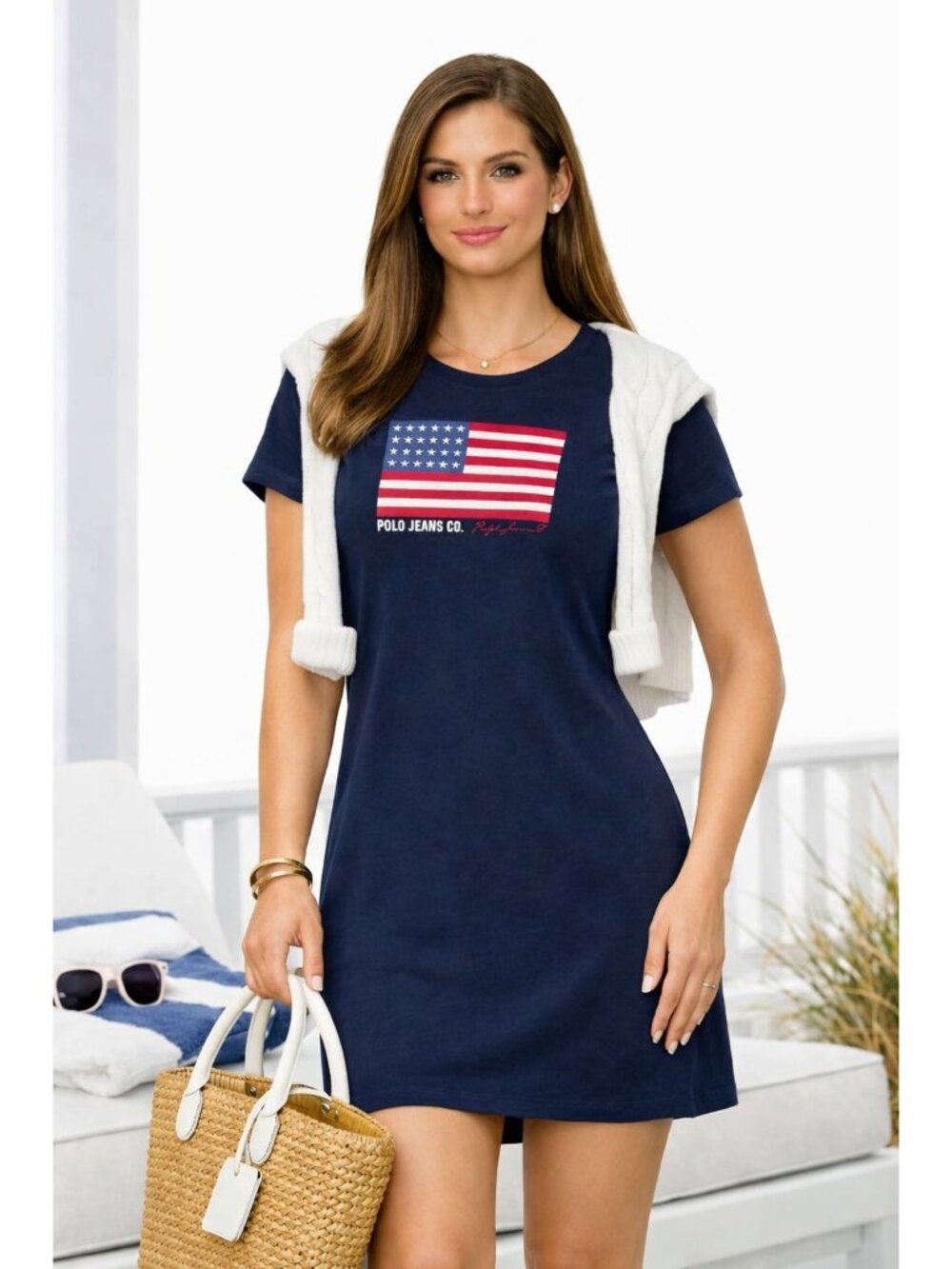Polo Jeans Co. Ralph Lauren Womens S Navy American Flag Graphic T-Shirt Dress